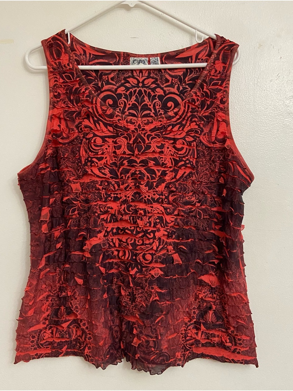 Cato Coral Red and Black Patterned Ruffle Sleeveless Tank size L